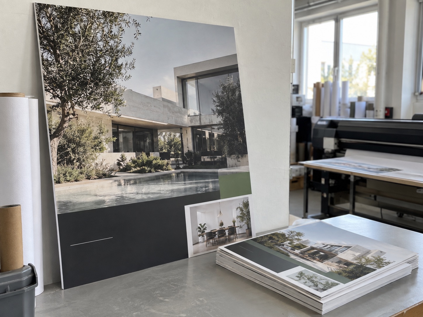Frisch gedruckte Immobilienplakate in mehreren DIN-Formaten in einer Druckerei